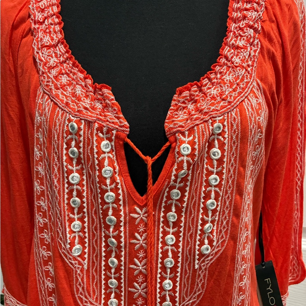 FYLO Orange Embroidered Women's Top - Picture 2 of 9